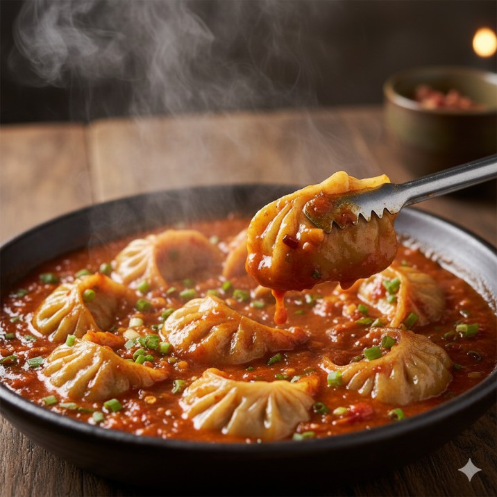 Chicken Momos in Hot Schezwan Sauce